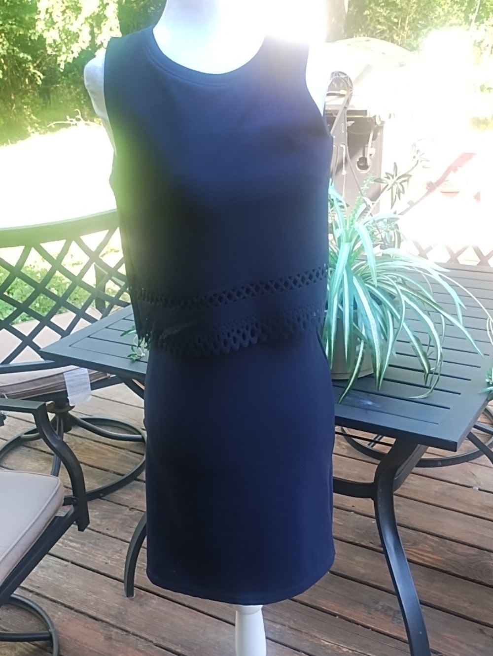 Sleeveless Navy Shift Dress with Crochet Waist Detail
